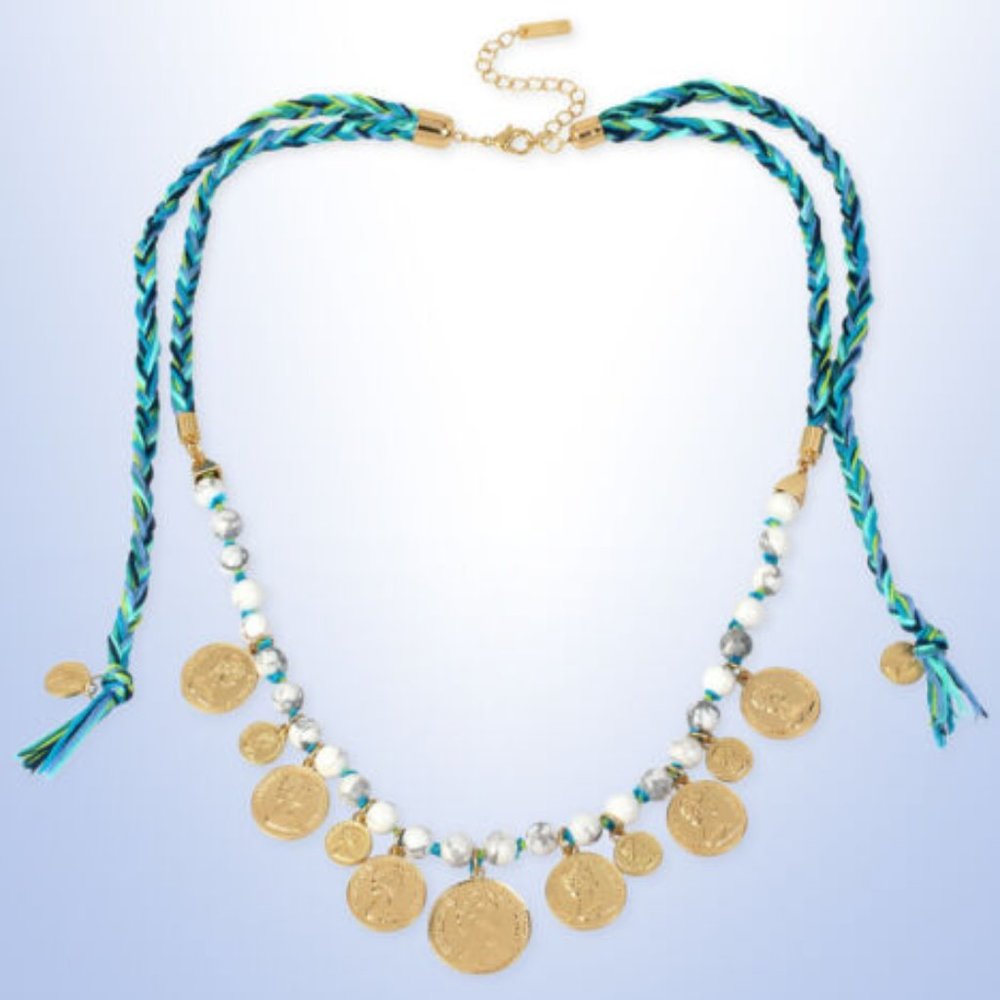 Inc International Concepts Blue Fab Coin Necklace, Adjustable Extension 24 In